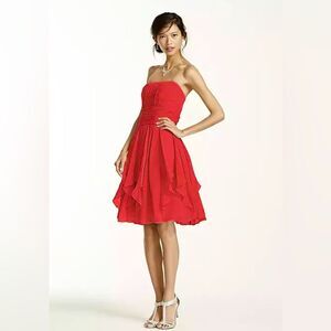 NWT David’s Bridal Strapless Shutter Pleated Chiffon Dress in Guava Pink SZ 14